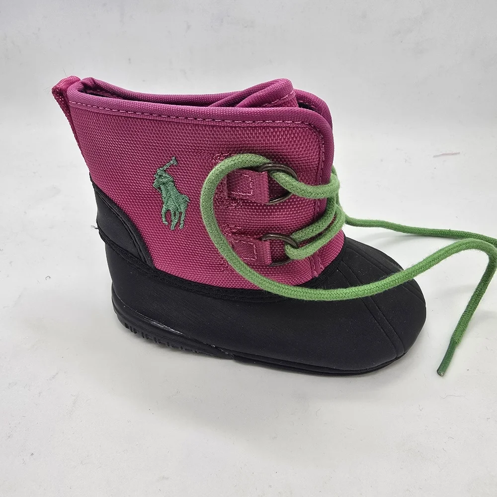 Ralph Lauren Baby Snow Boots | Black w/ Pink | Size USA 2 (4.7” Heel To Toe)